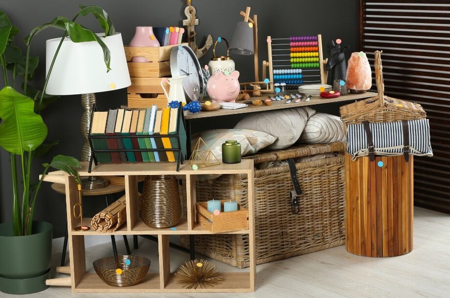 the corner of a bedroom with a shelf, basket, and a whicker chest