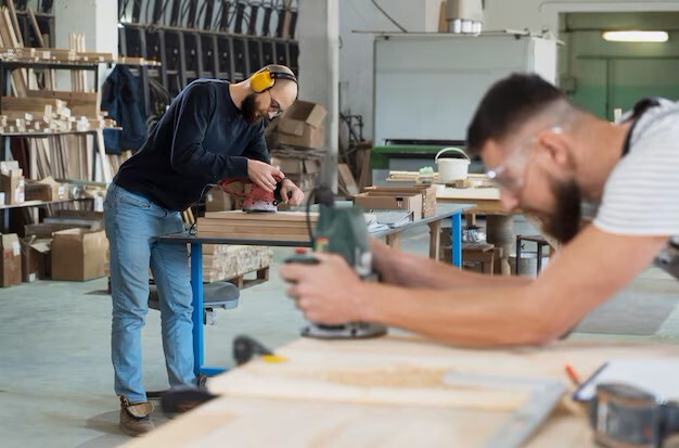 two bearded men using table sanders