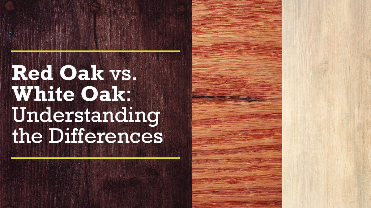 Two tones of wood next to each other text reads Red oak versus white oak understanding the differences