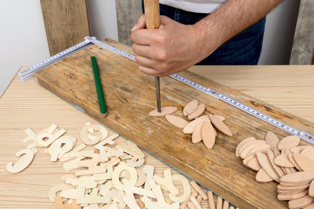 a hand holds a chisel to a joinery biscuit