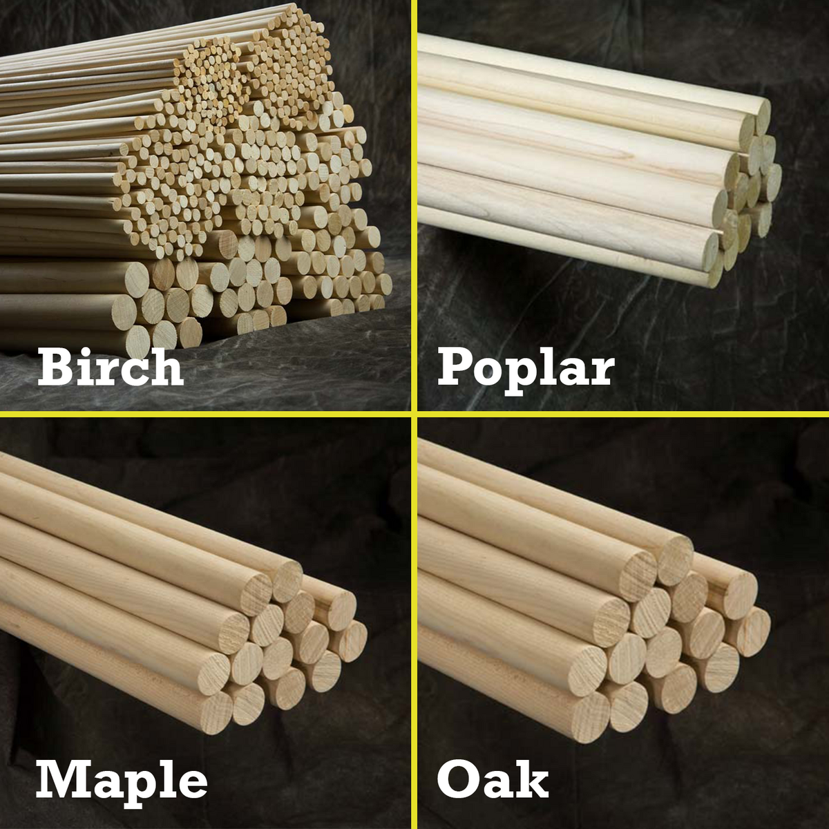 Stacks of dowels made from different wood text reads Birch poplar maple oak