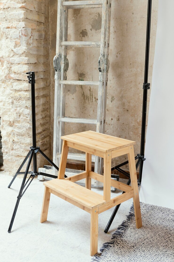 a wooden stool in a photo studio