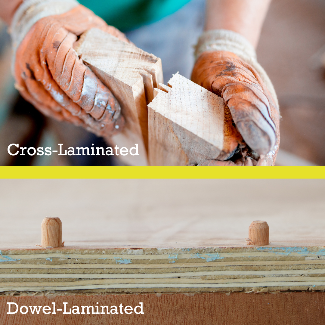 Gloved hands hold two boards with corresponding grooves for fitting together below is an image of thin layers of wood fused with dowel inserts text reads cross-laminated dowel-laminated